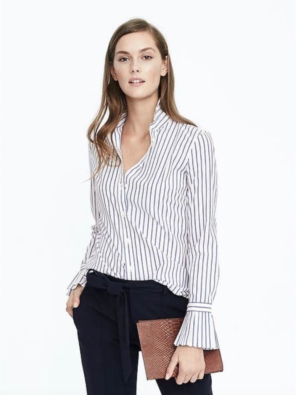 Banana Republic White Button-Down Shirt with Navy Stripes